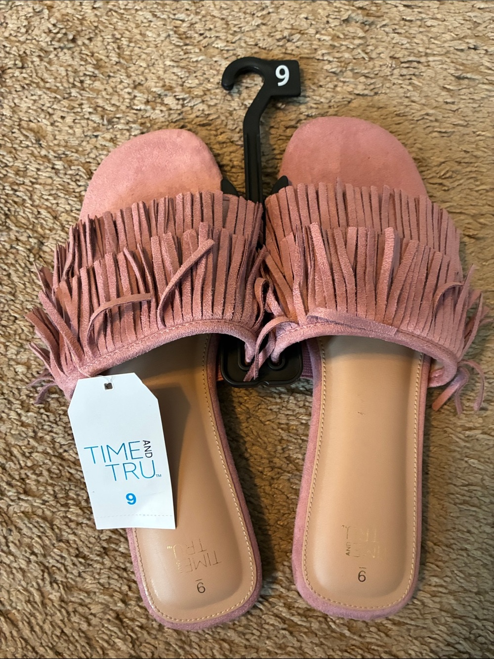 Time and Tru Pink Fringe Slide Mules